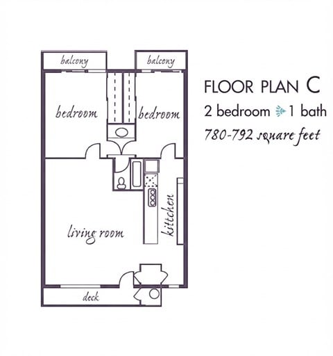 Floor plan for 2 beds, 1 bath, 792 sqft